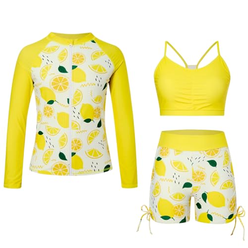 Image of Funnycokid Girls Swimsuit 3 Pieces Zip Rash Guard Bathing Suits Set Kids Bikini Boyshort Summer Swimwear 3-14 Years