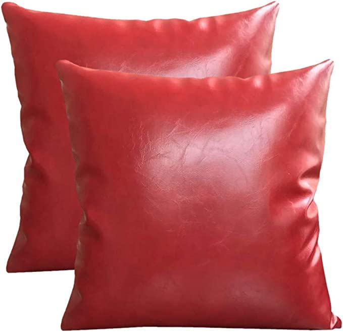 SKY LINE OCEAN Pack of 2 Boho Red Faux Leather Sofa Pillow Covers 18x18 - Cozy Cushion Covers for Couch Bed - Soft Luxury Home Decoration (Inserts Not Included)