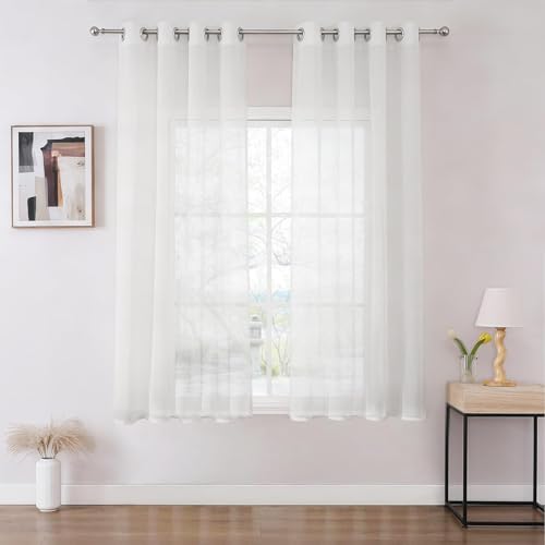 Joydeco Lot de 2 Rideaux Voilages Blancs 140 x 145 cm, Voilage Fenêtre Court à Oeillets pour Filtrage de Lumière et Décoration Intérieure de Salon Chambre Cuisine...