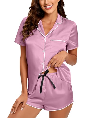 Image of Silk Pajamas for Women Satin Womens PJ Set 2 Piece Short Lounge Set Summer Sleepwear Notch Collar Button-Down Pjs