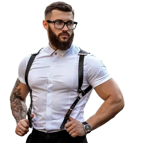 BaronHong PU Leather Renaissance Suspenders,Vintage Men's Back Support Harness,Metal Hooks for Men,Steampunk,Handmade(black,M)