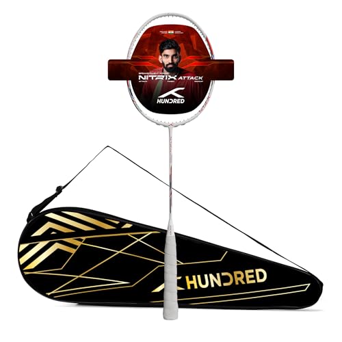 Image of Hundred Nitrix Attack | Ultra-Light Carbon Fibre Badminton Racket | Head-Heavy Power | Max Tension 32lbs | Flexible Shaft for Fast Swings | Intermediate /Advanced Level | Includes Full Cover