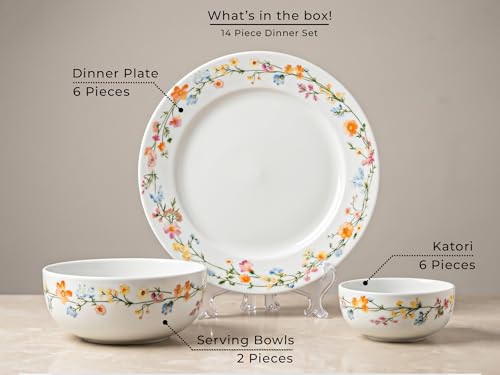 Image of Bodhi House Premium Porcelain Dinner Set 14 Pieces Serving for 6 | Floral Vine Design | Microwave & Dishwasher Safe | Crockery Set | Dinnerware Set for Home, Dining, Kitchen & Gifting