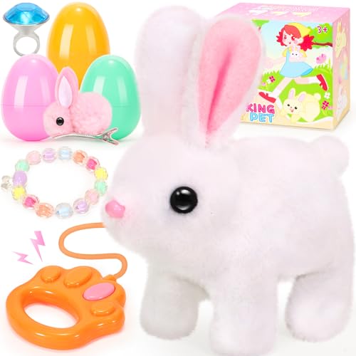 CatchCute Hopping Plush Bunny Easter Interactive Toys for Kids,Can Wagging Tail and Twitching Nose with Remote Control Leash,Easter Eggs and...
