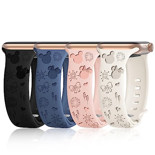 4 Pack Cartoon Engraved Bands Compatible with Apple Watch Band 40mm 41mm 38mm 42mm 44mm 45mm 49mm Women,Soft Silicone Cute Designer Strap for iWatch Bands Series SE 9 8 7 6 5 4 3 2 1 Ultra