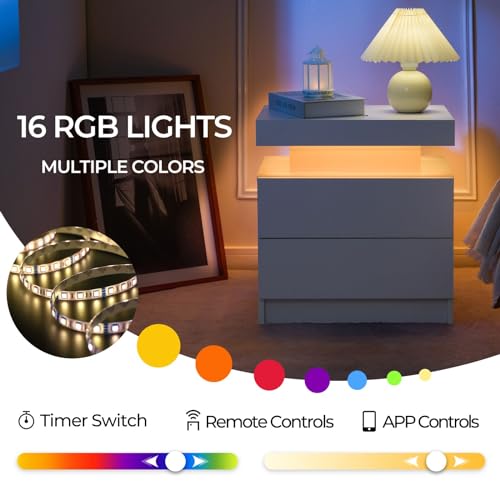 I-Aplus A02-1*2 Nightstand Set Of 2 Led Nightstand With 2 Drawers, Bedside Table With Drawers For Bedroom Furniture, Side Bed Table With Led Light, White thumb #7