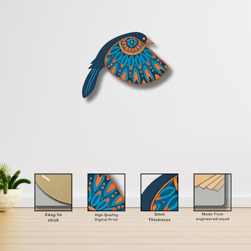 Image of DAKSHESTRY ARTWORKS Boho Birds Wall Decor | Set of 5 MDF Glossy Finish Wall Hangings Bird Decor | Modern Ethnic Design for Living Room, Bedroom & Office | Easy to Stick with Double-Sided Tape