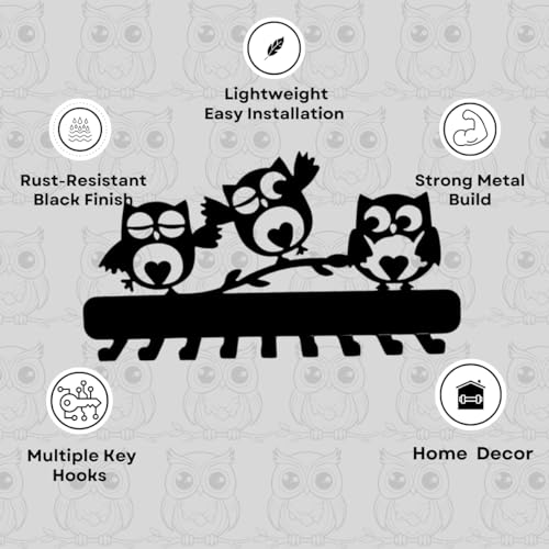 Image of 3 Owl Metal Key Holder - 25cm x 13cm, 9 Hooks, Decorative Key Rack & Organizer, Sturdy Wall Mounted Hanger for Keys, Accessories, Home Decor for Entryway, Hallway, Kitchen, Gift