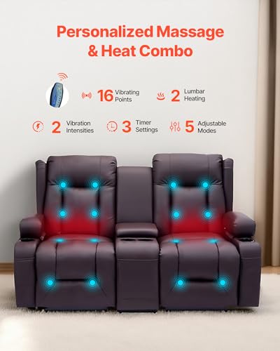 Image of VEVOR Loveseat Recliner Sofa with Massage & Heat, Power Reclining Couch with Console, PU Leather Electric RV Sofa with USB & Outlet /Storage /Cup Holders /Pockets, Home Theater Seating for Living Room
