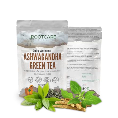 Image of Rootcare Organics Ashwagandha Green Tea | Herbal Blend with Green Tea & Ashwagandha | Boosts Brain Function & Stamina | Natural Stress Relief | 100% Organic | 100g Pack