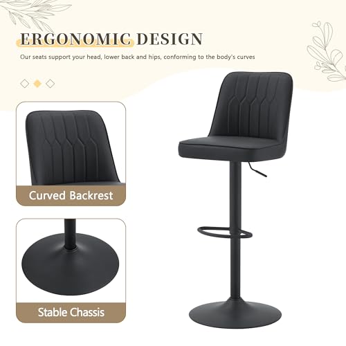 Image of Swivel Bar Stools Set of 2 - Black Barstools with Back,Adjustable Counter Height Bar Stools with Sturdy Metal Legs,Leather Counter Height Stools Ideal for Kitchen Island Pub(25''-33''H)