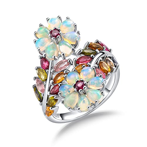 AGRULE Women's Colorful Gemstone Leaf Ring Statement Flower Rings Cocktail Party Jewelry 925 Sterling Silver Multicolor Tourmaline Opal Ring for Wedding Anniversary, Size 10