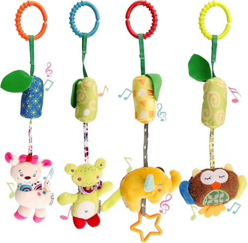 Image of Baby Soft Hanging Rattle,Car Seat Hanging Bell Adorable Animal Music Crib Toy Carseat Rattles Educational Toys for Babies 3 6 9 to 12 Months (4 Pack)