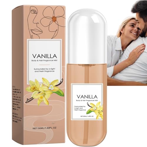 Perfume de vainilla para el cuerpo y el cabello, 50 ml, spray corporal de vainilla para mujeres, fragancia fresca ligera y duradera, tamaño de viaje, niebla corporal refrescante diaria (1 unidad)