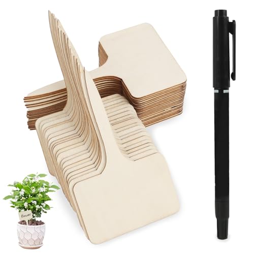 50pcs Wooden T-Type Plant Labels with Marker Pen Set, Eco-Friendly Bamboo Garden Tags for Seedlings, Herbs, Flowers, Vegetable Identification in Outdoor, Greenhouse, and Potted Gardens, 6x10 cm