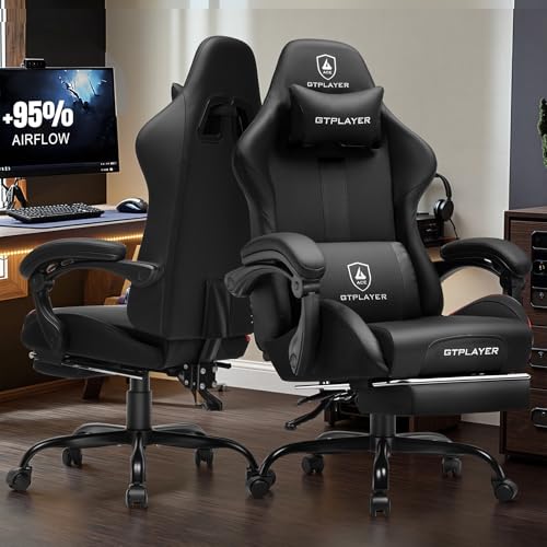 Image of GTPLAYER Gaming Chair with Foot Rest & Pocket Spring Cushion, Ergonomic High Back Computer Chair with Headrest & 360-Swivel Seat for Home Office Desk, PU Leather, Black