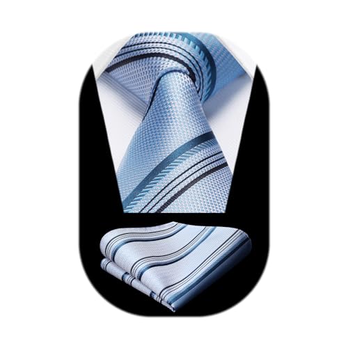 Image of HISDERN Stripe Tie Mens Ties with Pocket Square Set Classic 3.4'' Silk Formal Necktie Handkerchief for Business Wedding
