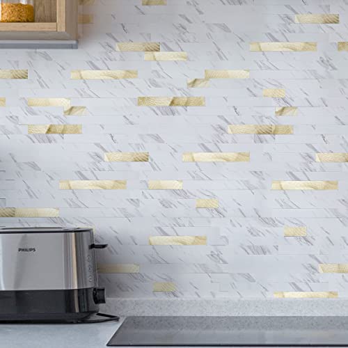 Art3d 10-Sheet Peel and Stick Backsplash Tile for Kitchen Bathroom Fireplace Laundry Room in White Slate with Gold Studded