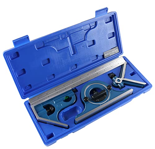 Accusize Industrial Tools 12'' 4 Combination Square Ruler Set Protractor Satin, 4-R Graduation, 0000-8101