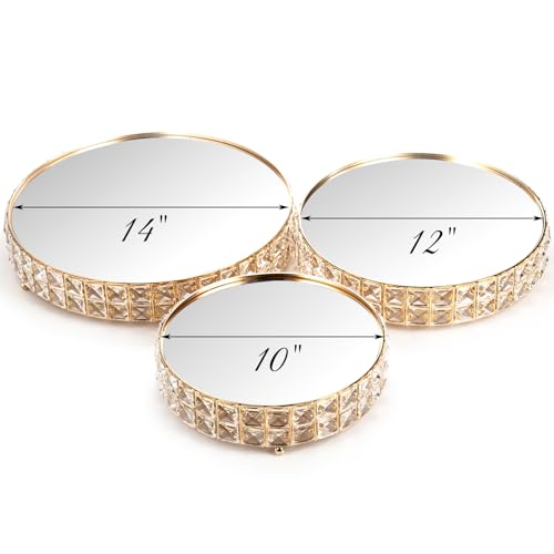 Goaste 3 Pack Crystal Cake Display Stand with Mirror, 14" 12" 10" Metal Pedestal Gold Round Cake Plate Stand, Dessert Cookies Fruit Serving Tray with Shining Crystal Beads for Wedding, Birthday Party - Image 4