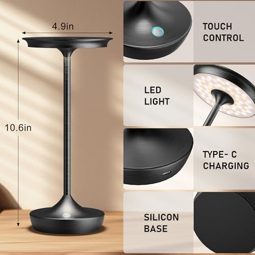 Image of LED Cordless Table Lamp 6000mAh Rechargeable Battery Outdoor Light Black | Cordless Portable Waterproof, 3 Color Stepless Dimmable, LED Lights Memory Function For Patio Restaurant Bar Dining