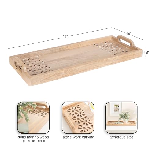 Kate and Laurel Rodcliff Modern Mango Wood Rectangle Tray with Handles, 10 x 24, Light Natural, Transitional Lattice Carved Rectangular Tray for Use as Entryway Tray Decor or Ottoman Serving Tray by Kate and Laurel - Used condition - Image 2