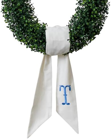 Monogram Wreath Sash for Front Door, White Embroidered Linen Wrea...