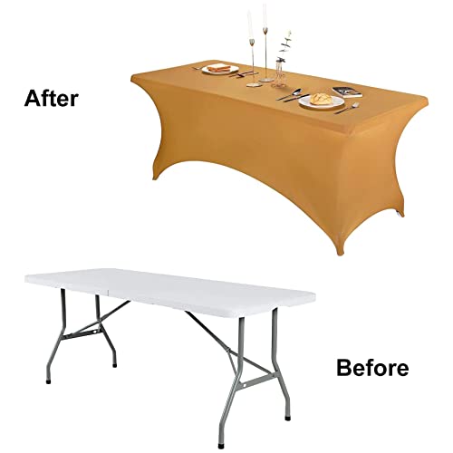 Image of FORLIFE 8FT Rectangular Spandex Tablecloth, Gold, Universal Fitted Table Cover for Wedding, Banquet, Party, Wrinkle Resistant, All-Season, Reusable, Washable