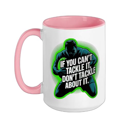 If You Can’t Tackle It Don’t Talk About It design Rugby Ceramic Mug, Pink/White, 15oz