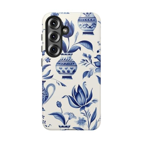 Coque Samsung S25 motif vase floral bleu rigide et brillante