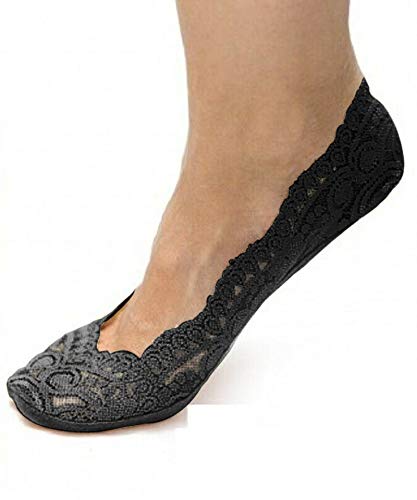 Image of Prime Products 3, 6 X Pairs Ladies Thin Lace Liner Footsies Socks - Superior Soft No Show Socks Women, Beige & Black Colours Footie Invisible Sock Women, UK Size 4-7 (Black, 3)