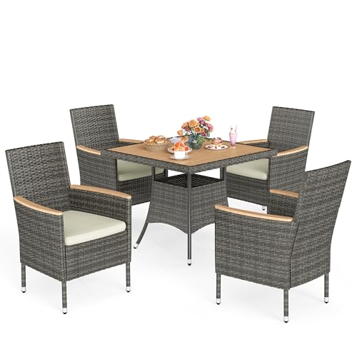 Outdoor Dining Ann Arbor Mi: Top Patio Sets for Stylish Backyard Meals 10 Wisteria Lane Patio Dining Sets for 4, All Weather Rattan Outdoor Table and Chairs with Acacia Wood Tabletop, Patio Dining Furniture with Removable Cushions for Deck Garden, Backyard, Gray