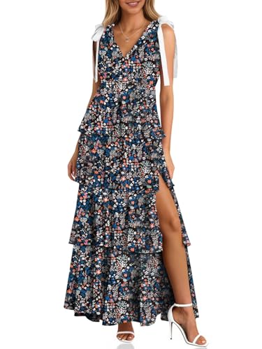Image of Wenrine Womens Summer Floral Maxi Dress Tie Strap Sleeveless V Neck High Slit Boho Ruffle Tiered Beach Dresses