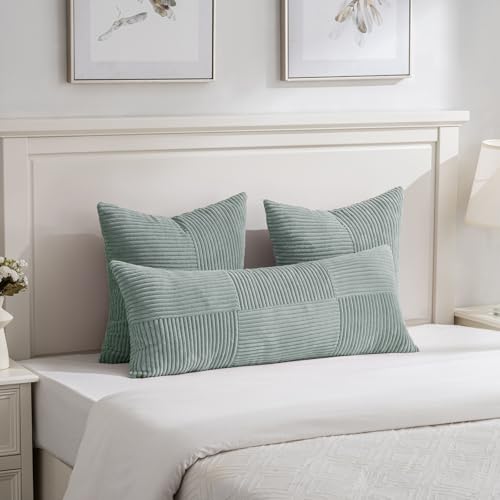 Image of Fancy Homi 2 Packs Grey Blue Decorative Throw Pillow Covers 20x20 Inch for Couch Bed Sofa, Rustic Farmhouse Boho Home Decor, Soft Corss Corduroy Patchwork Accent Square Cushion Case 50x50 cm