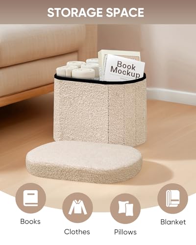 Image of B FSOBEIIALEO Storage Ottoman for Dorm Room, Boucle Folding Storage Ottoman Foot Rest, 16.14 Inches Small Collapsible Ottoman Cube for Living Room Beige