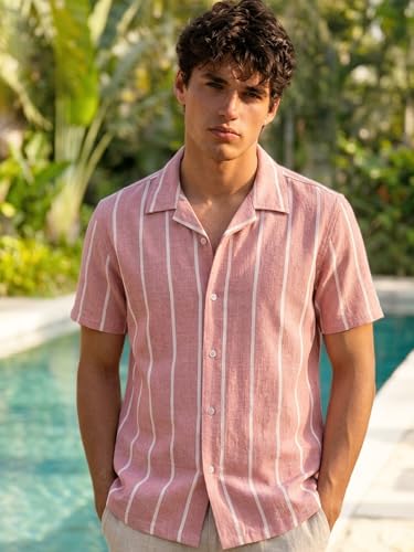 Image of Urbano Fashion Men's Cotton Half Sleeve Relaxed Fit Linen Striped Shirt with Cuban Collar