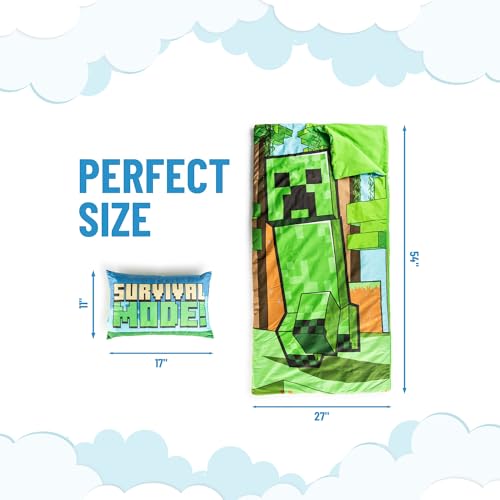 Image of Jay Franco Kids Slumber Bag and Pillow - 54 x 27 Inch Comfy Indoor Sleeping Bag for School and Sleepovers, 2 Piece Set, Green - Minecraft