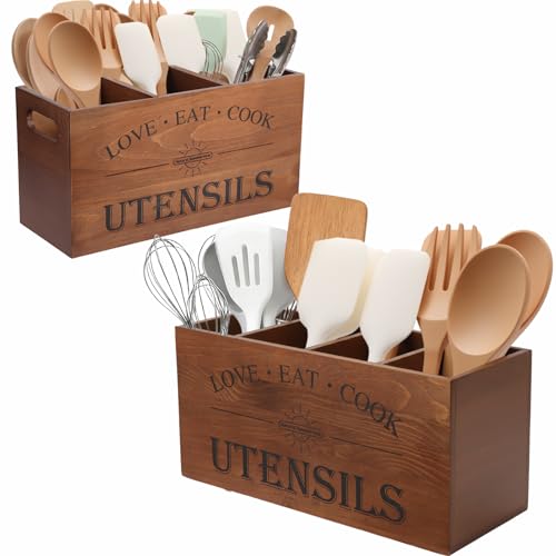 Natural Summertime 2 PC Wooden Utensil Holder,（With 4-Compartments size*1 +