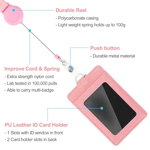 Image of Conisy ID Badge Holder with Retractable Lanyard, Vertical PU Leather ID Badge Card Holder with 2 Card Slots for Women Men (ID Badge Holder Pink)