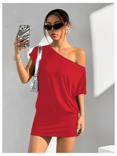 Image of SOLY HUX Women's Off The Shoulder Mini Dress Going Out Asymmetrical Neck Short Sleeve Casual Bodycon T Shirt Dresses