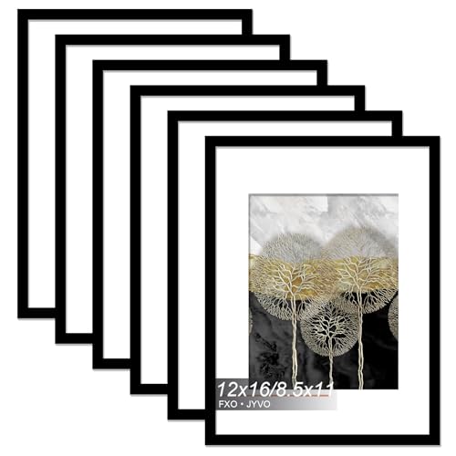 12x16 Picture Frame Set of 6, Display Poster 8.5 x 11 with Mat or 12 x 16 Without Mat, Light Weight and High Transparent 12 by 16 Frame for Wall - 6 Pack/Black/12 x16