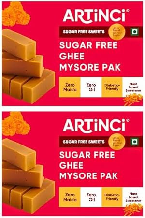 Sugar Free Mysore Pak by Artinci – Pack of 2 x160gm) Zero Sugar, Zero Maida, Zero Oil, Diabetic Friendly Sweet | Gluten Free | formulated by nutritionist | Guilt-Free Festive Mithai
