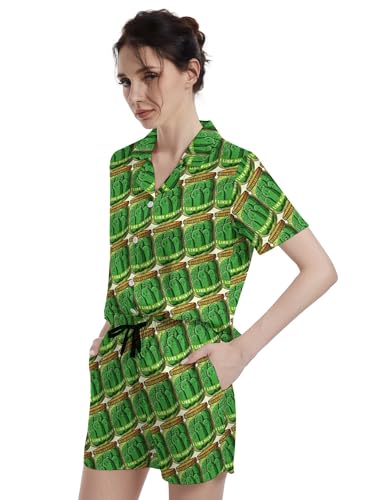Image of Funny Pajamas for Women Set Print Satin Loungewear Pjs Short Sleeve Button Down Top and Shorts Sets Sleepwear XS-3XL