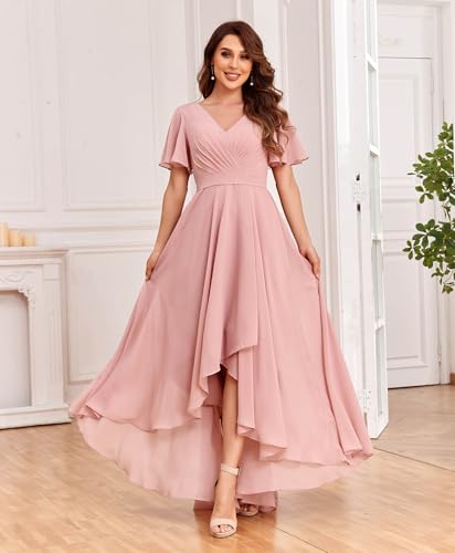 Image of LANGKAAO Women's V Neck Bridesmaid Dresses with Sleeves for Wedding Chiffon A-Line Pleated High Low Formal Gown with Pockets