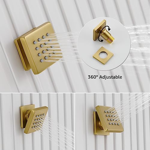 Iriber Brushed Gold Rain Shower System with 4 PCS Body Jets 3 Function Shower Faucet Set Contain 12 Inch Shower Head and Handheld Wall Mounted Champagne Bronze Shower Trim Kit (Valve Included)
