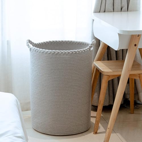 Image of ALBY Woven,Tall Wicker Laundry Basket for Blankets,Clothes,Pillows,Toys,Shoes Large Cotton Laundry Hamper for Bedroom Living Room Bathroom Nursery (58L / Large 15 inchD x 20 inchH, PURE GREY)