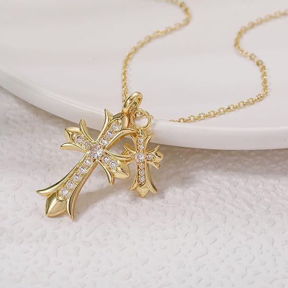 Cross Necklace 14k Gold Plated/Sterling Silver Double Cross Pendant CZ,Cubic Zirconia Cross Necklaces for Women Men Jewelry Birthday Gifts3