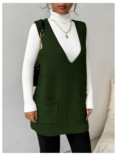 Image of SHENHE Women's Deep V Neck Long Sweater Vest Casual Loose Knit Tunic Pullover with Pockets