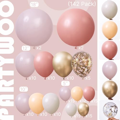 Image of PartyWoo Dusty Pink Balloon Arch Kit Garland 142pcs Different Sizes of 18 12 10 5 Inch Blush Rose Pink Nude White Sand Gold Confetti Boho Balloons for Baby Shower Birthday Wedding Party Decorations
