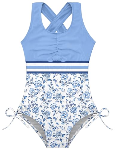 Image of BFUSTYLE Girls One Piece Swimsuit Cute Striped Bathing Suit Hawaii Swimwear 6-17 Years